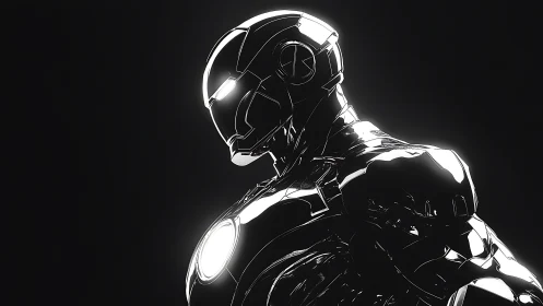 Shiny robotic armored figure in stark black and white profile.