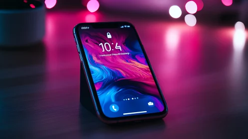 Smartphone with Abstract Digital Display in Neon Environment.