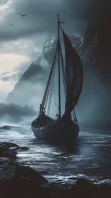 Viking longship emerging through misty fjord twilight.