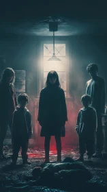 Dark group of children in eerie red lit room scene.