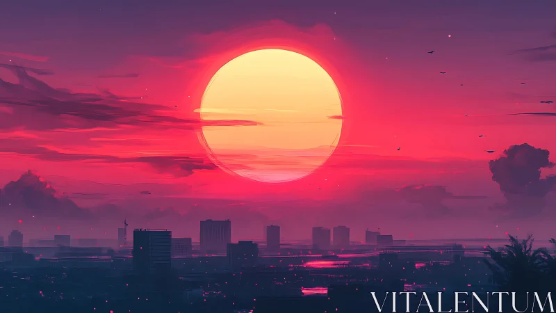 Oversized neon sun dominates a stylized cyberpunk cityscape