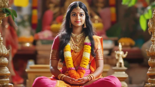 Elegant woman in traditional saree at temple ceremony, vibrant style.