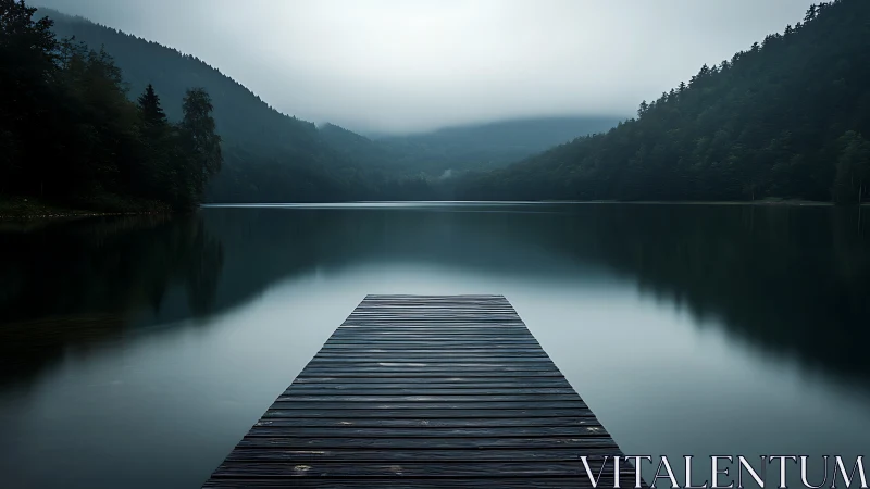 Wooden lake pier leading into misty forested valley.