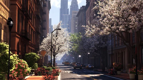 Spring sunlight transforms quiet city brownstone avenue