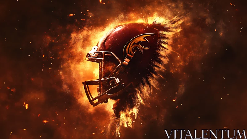 Burning football helmet erupts through swirling orange embers