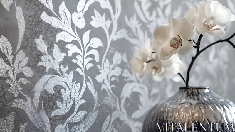 Photorealistic orchid still life against damask foil wall.