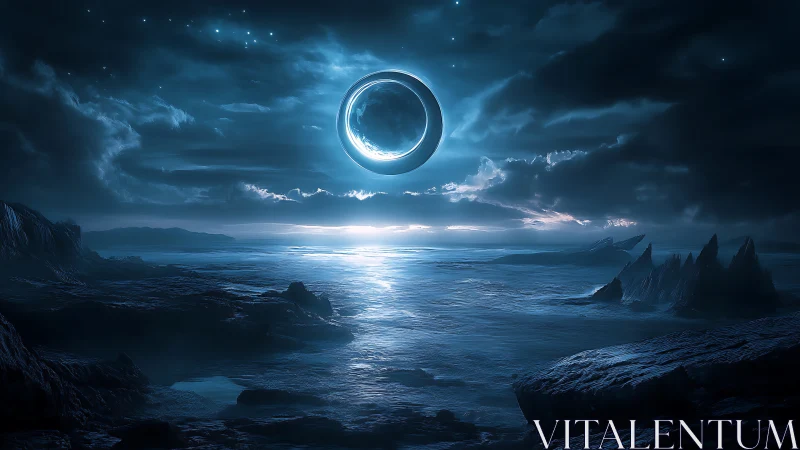 Luminous celestial ring over crystalline alien shoreline.