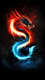 Elemental fire and ice dragon coils through black void.