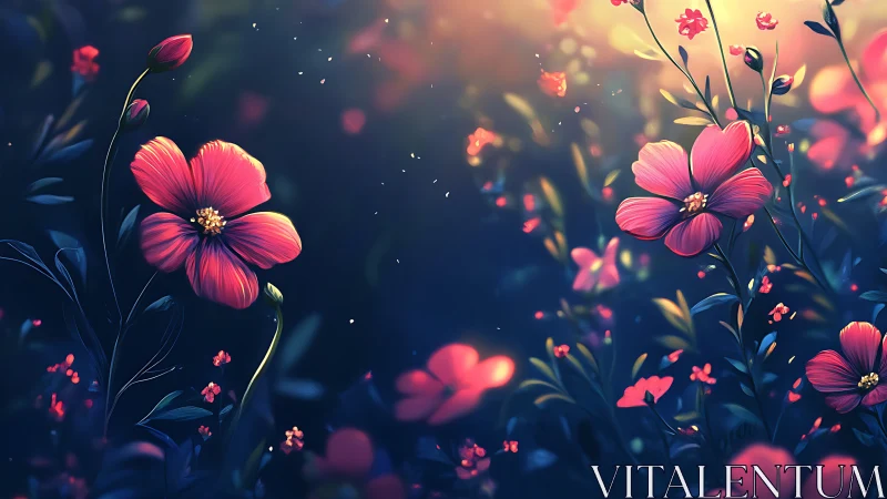 Pink cosmos flowers bloom in deep blue night atmosphere with warm glow effects