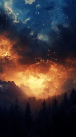 Celestial Ascension: Mountain Landscape with Cosmic Sky.