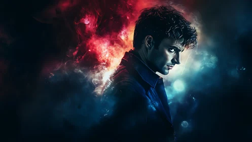 Mysterious man in glowing red and blue cosmic light.