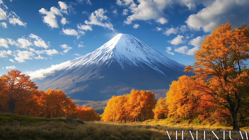 Autumn embers below a snow crowned volcanic giant.