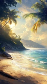 Tropical Coastline at Golden Hour: Palm Fronds Frame Serene Beach Landscape.
