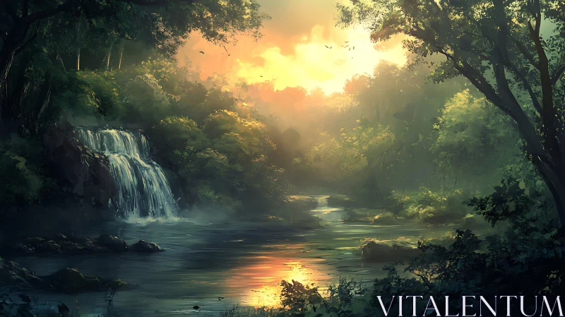 Luminescent forest landscape with cascading waterfall and golden sunrise through verdant canopy