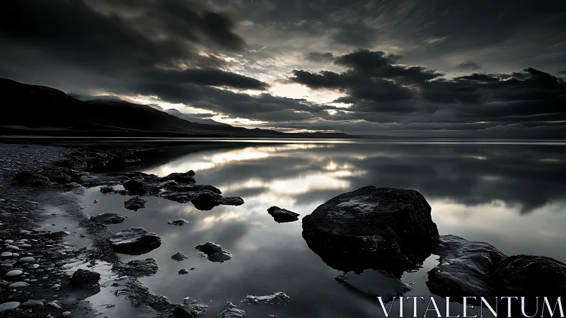 Moody rocky shoreline curves around a glassy twilight lake.