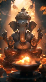 Golden Ganesha idol amid warm ritual firelight glow.