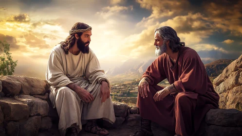 Two robed men converse on stone wall at sunset landscape.