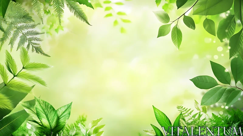 Green foliage frame with defocused light background.