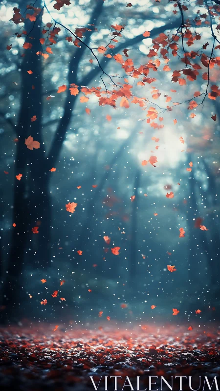 Autumn Leaves Cascading Through Luminous Snowfall Against Darkened Sky
