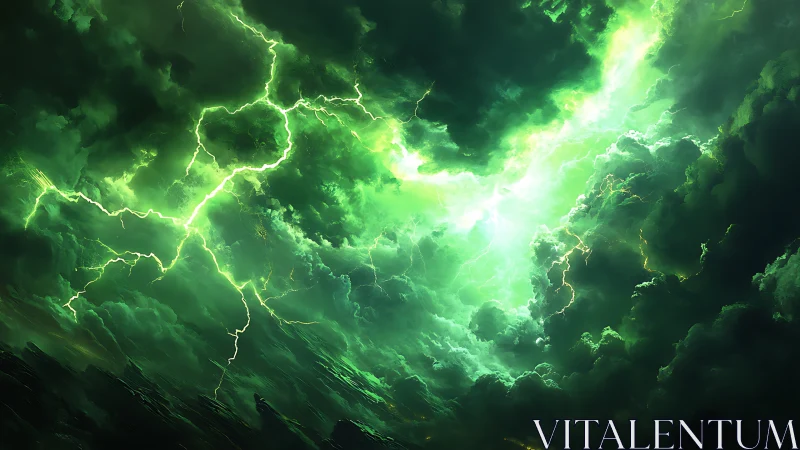 Emerald tempest sky with electric storm clouds unleashed.