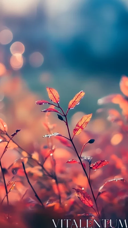 Autumn leaves glow against soft, dreamy bokeh background.