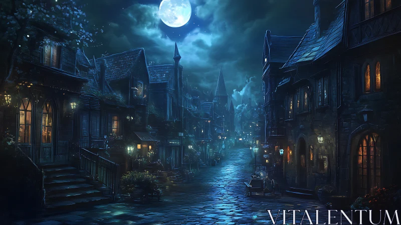 Moonlit cobblestone street glows through misty fantasy night