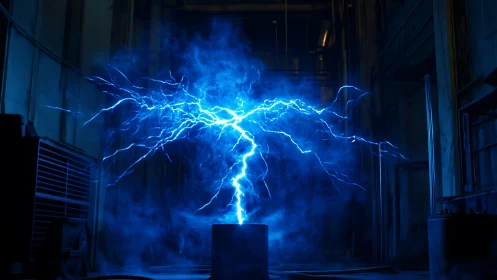 Electric blue storm dancing inside a quiet factory hall.