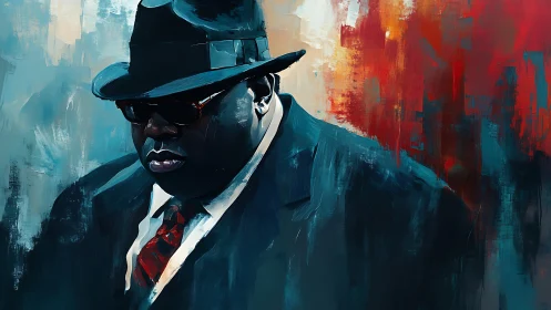 Digital portrait of stoic man in fedora with abstract backdrop.