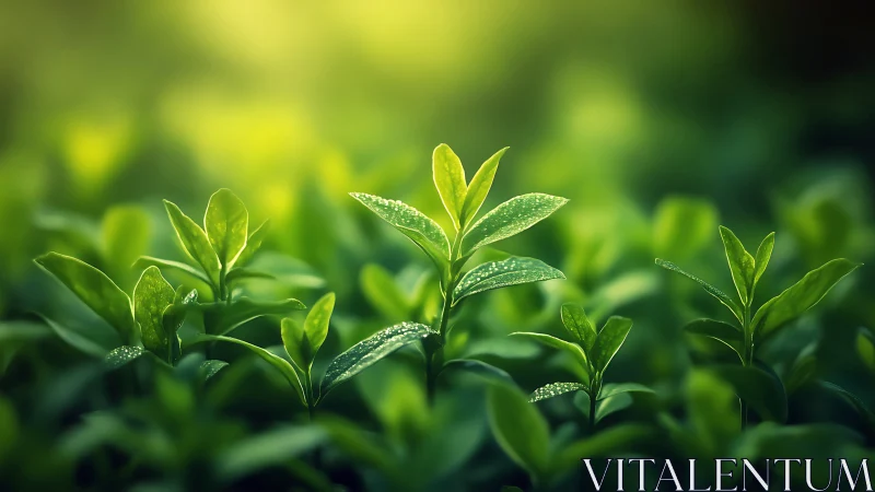 Vibrant green seedlings with dew in soft morning sunlight, nature style.