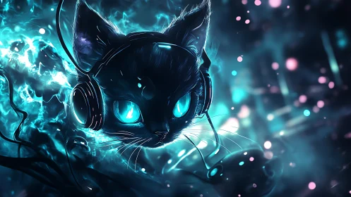 Neon-lit cybernetic cat with glowing eyes and headset in motion