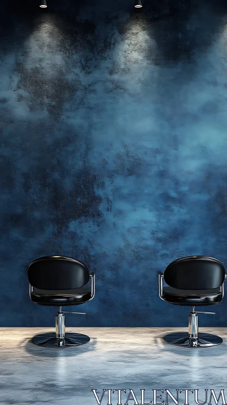 Inviting salon chairs rest calmly against a rich blue wall