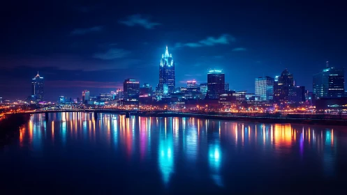 Cyberpunk skyline with neon river reflections at night.