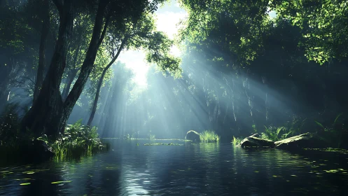Sunlit forest river where morning light finds quiet water.