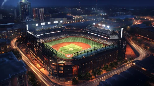 Nighttime aerial view of illuminated urban baseball stadium.