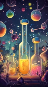 Laboratory glass vessels contain glowing liquids in night scene