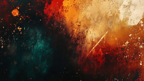 Dynamic abstract splatter painting in fiery orange and deep teal tones.