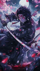Moonlit cherry blossoms circle a fierce red-eyed swordsman.