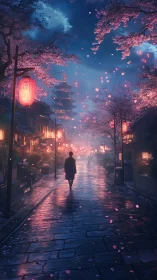 Cherry blossom dusk street glows with lantern reflections.