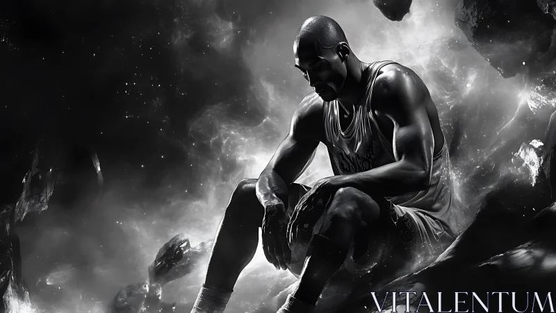 Monochrome digital artwork of seated basketball player figure.