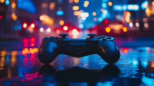 Game controller rests on wet urban street with defocused lights