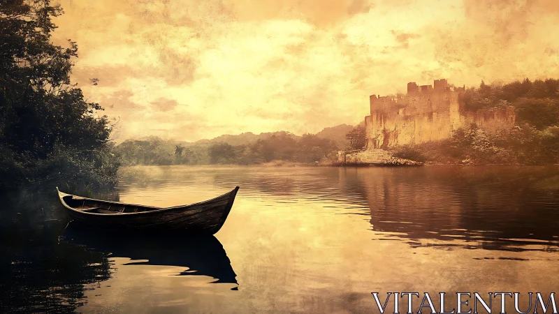 Solitary wooden boat mirrors medieval castle in sepia river haze