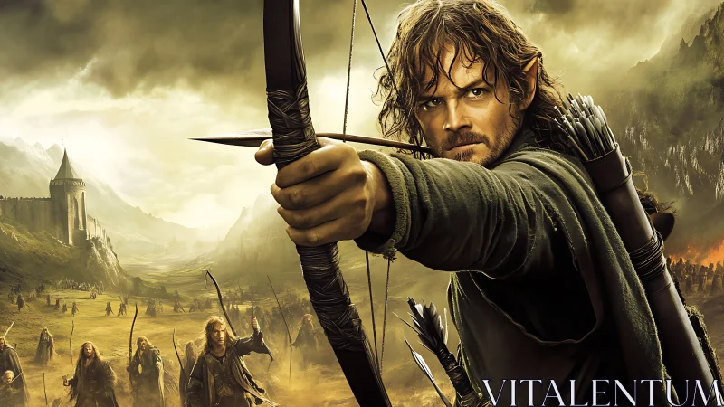 Elf archer draws his bow before a vast fantasy battle.