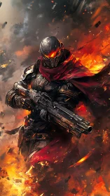 Armored firestorm trooper advancing through burning chaos.