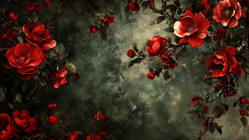 Red flowers arranged against weathered textured background surface