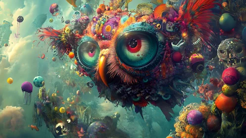 Cosmic carnival owl drifts through a kaleidoscopic dream sky.