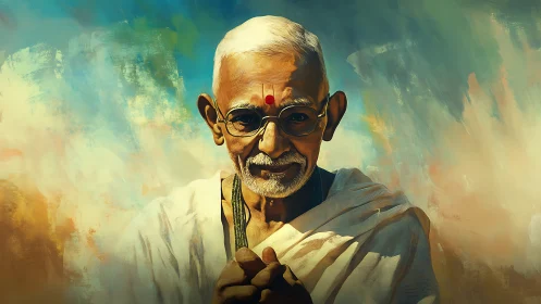 Serene elder in saffron light, wrapped in quiet wisdom.