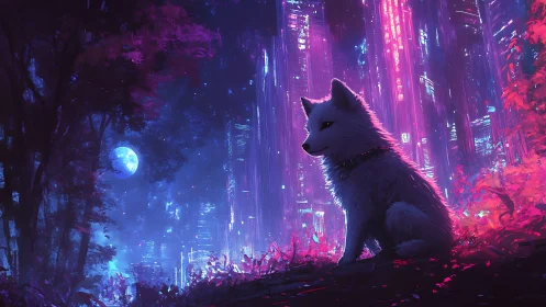 Moonlit cyber forest with a watchful neon fox guardian.