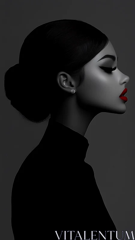 Monochrome profile portrait with red-lip accent lighting.