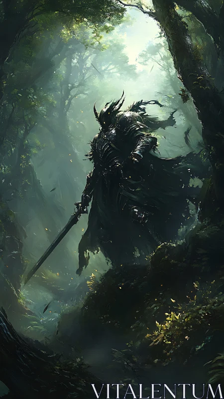 Armored dark knight stands in misty forest clearing