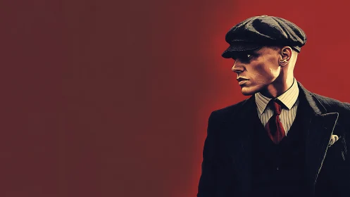 Sharp dressed man in cap against bold red backdrop.